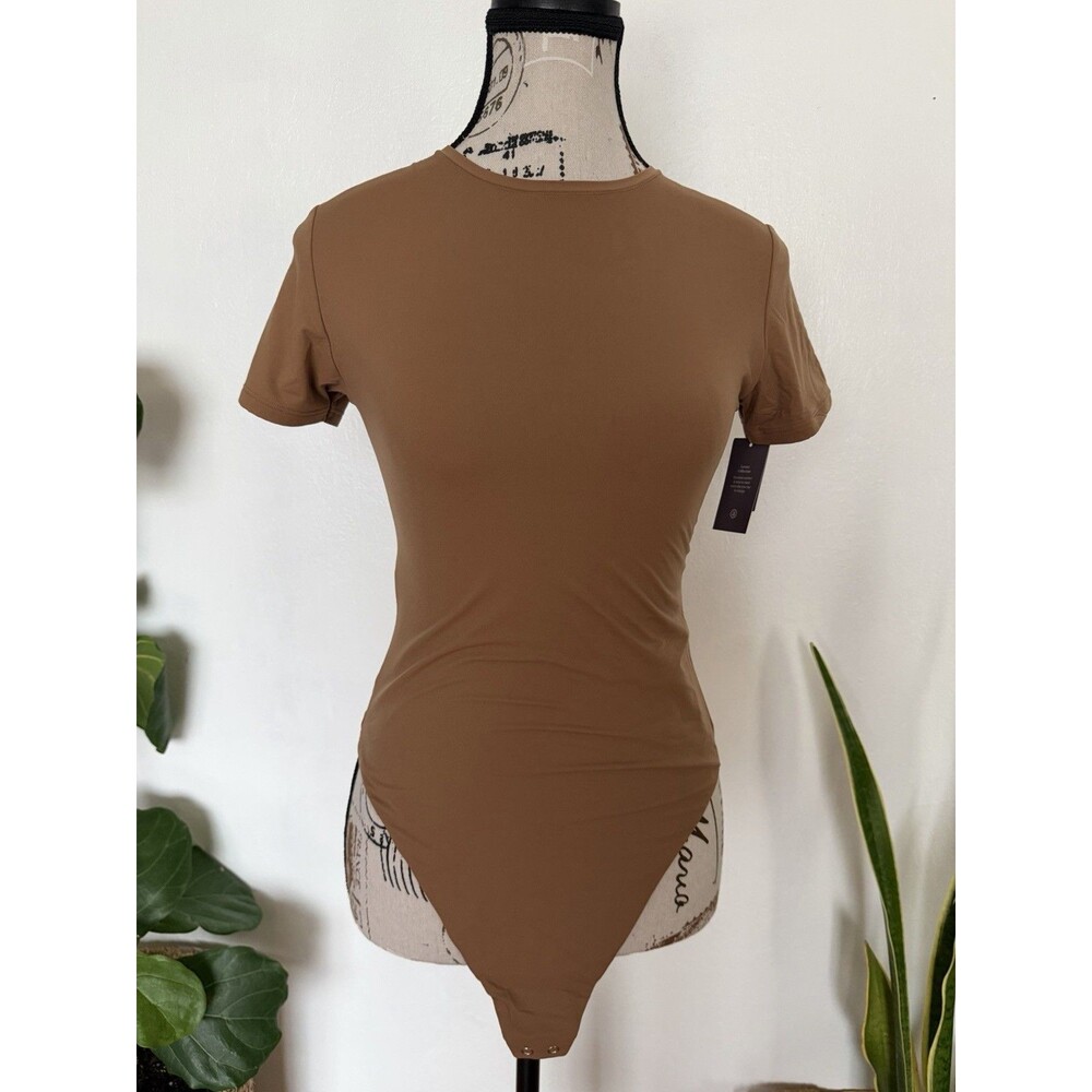 Auden Brown Stretch Lined Short Sleeve Bodysuit M Snap Closure Solid Chestnut